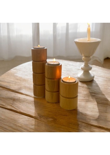 Doğal Gürgen Ağacı Dekoratif Ahşap Silindir Mumluk Seti, Şık ve Zarif Tasarım fırsatları