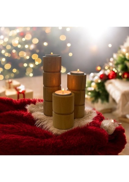 Doğal Gürgen Ağacı Dekoratif Ahşap Silindir Mumluk Seti, Şık ve Zarif Tasarım indirimleri