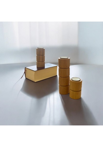 Doğal Gürgen Ağacı Dekoratif Ahşap Silindir Mumluk Seti, Şık ve Zarif Tasarım