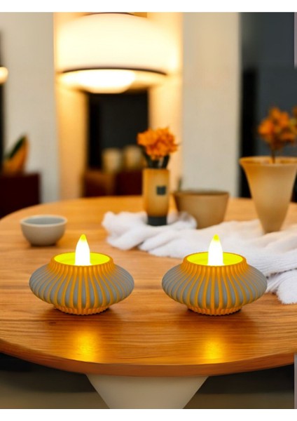 Şerit Desenli Beyaz Tealight Mumluk 2'li Set, Şık ve Modern Dekorasyon Için.
