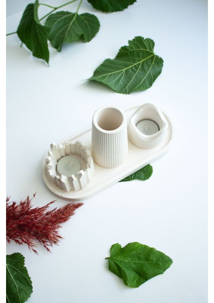 Beyaz Dekoratif Taş Beton 2'li Mumluk Seti, Şıklık ve Doğal Güzellik Sağlar modelleri