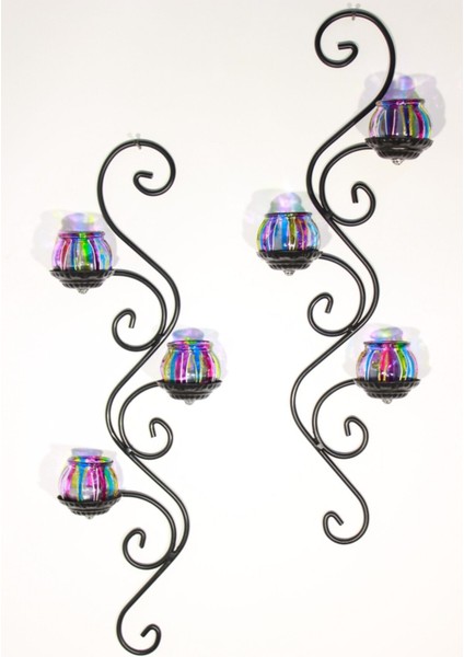 Ferforje Duvar Mumluğu Takımı, 2'li, 3 Er Camlı, Yarı Mat Siyah Çizgili