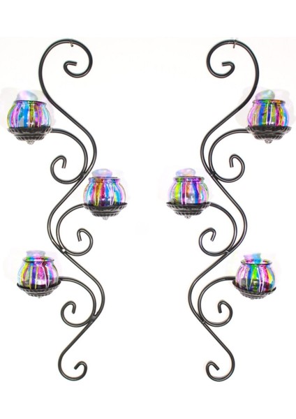 Ferforje Duvar Mumluğu Takımı, 2'li, 3 Er Camlı, Yarı Mat Siyah Çizgili modelleri