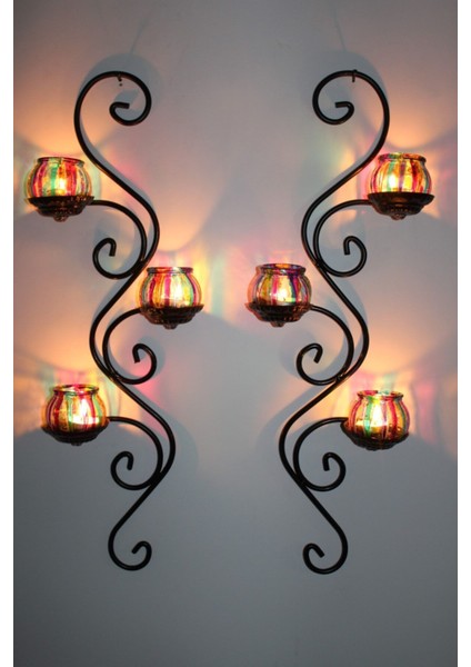 Ferforje Duvar Mumluğu Takımı, 2'li, 3 Er Camlı, Yarı Mat Siyah Çizgili fırsatları