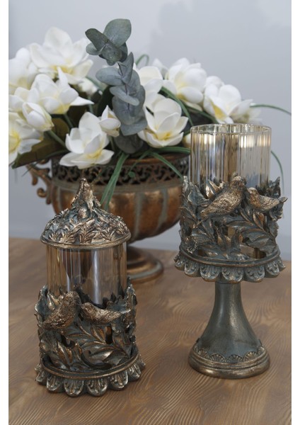 Şık Klasik Kuş Figürlü Ikili Şamdan, Zarif ve Şık Dekorasyon Parçası