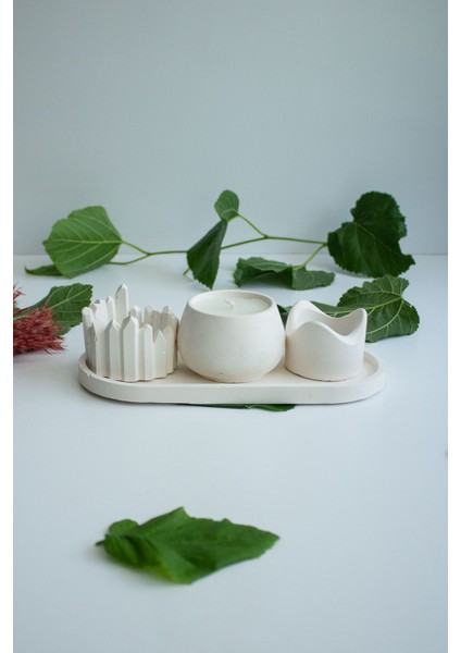 Şık 3'lü Taş Beton Mumluk Seti, Beyaz Dekorasyon Aksesuarı