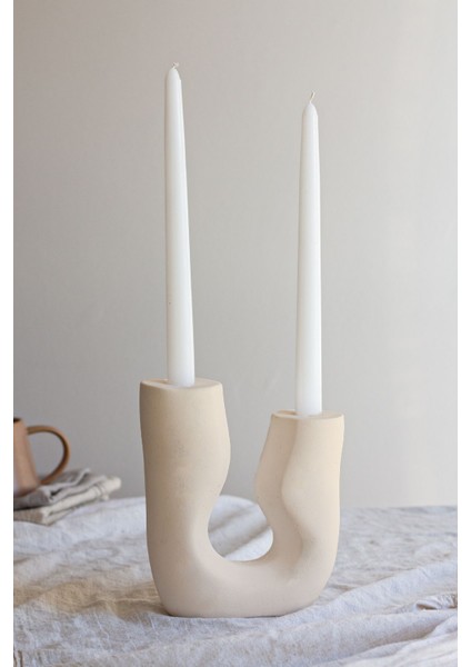 Bej Iskandinav Tarzı Asimetrik 2 Kollu Beton Şamdan Seti