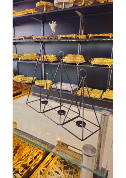 3'lü Piramit Ferforje Kafes Fener Mumluk Aksesuar Siyah Altın Gümüş