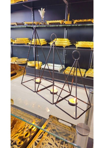 3'lü Piramit Ferforje Kafes Fener Mumluk Aksesuar Siyah Altın Gümüş fiyatları