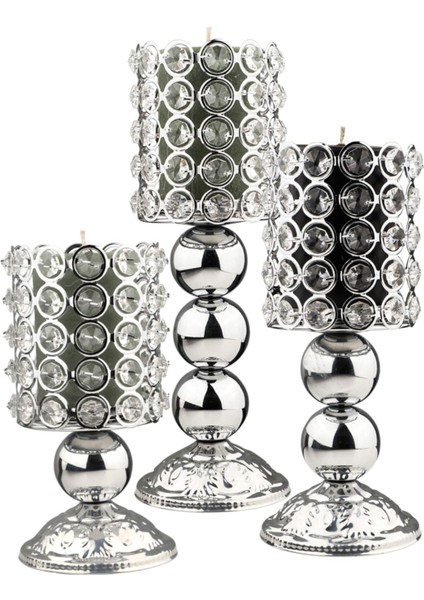 3'lü Krom Kristalli Mumluk Seti, Şık ve Modern Dekoratif Aksesuar.