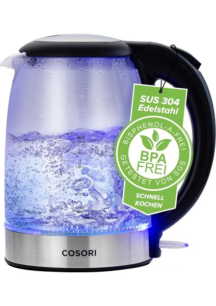 Cam Su Isıtıcısı, Geliştirilmiş Paslanmaz Çelik Filtre ve Iç Kapak, Bpa Içermez, 1,7 Litre, Mavi LED Li, Kuru Çalışma Koruması, 2200 Watt, Hızlı Isıtma