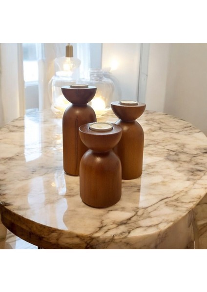 Doğal Gürgen Ağacından 3’lü Ahşap Mumluk Dekoru, Şamdan Tarzı indirimleri