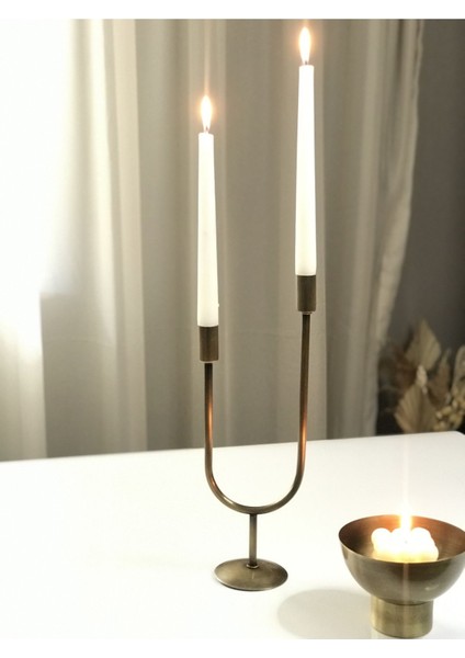 Iki Kollu Metal Şamdan ve Mumluk, Dekoratif, Eskitme Pirinç Tasarım