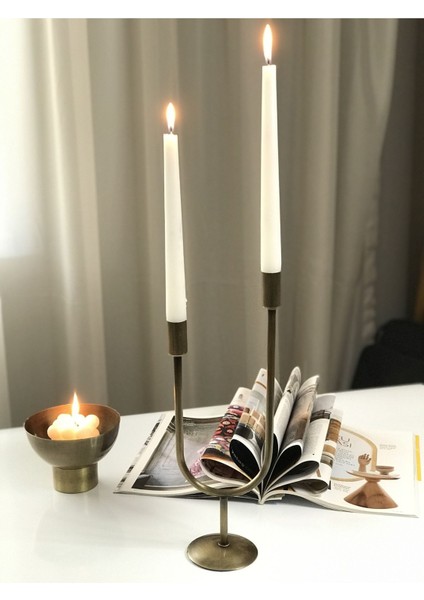 Iki Kollu Metal Şamdan ve Mumluk, Dekoratif, Eskitme Pirinç Tasarım