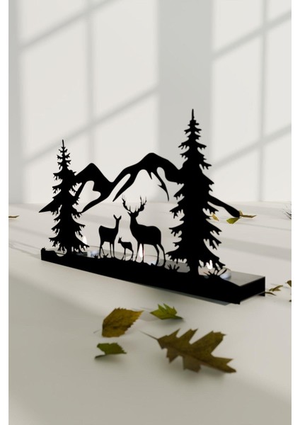 Şık Mat Siyah Renkte Geyik Manzara Temalı Metal Mumluk ve Şamdan