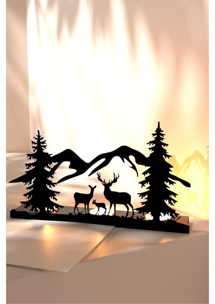 Şık Mat Siyah Renkte Geyik Manzara Temalı Metal Mumluk ve Şamdan fiyatları