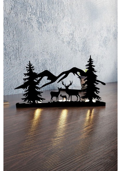 Şık Mat Siyah Renkte Geyik Manzara Temalı Metal Mumluk ve Şamdan fırsatları