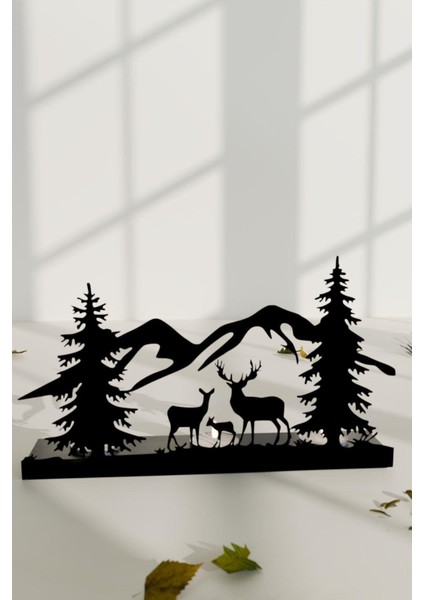 Şık Mat Siyah Renkte Geyik Manzara Temalı Metal Mumluk ve Şamdan