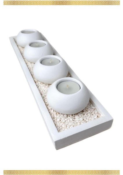 4'lü Beton Mumluk Seti, Tepsili, Inci Beyazı, Modern ve Şık Dekorasyon Parçası