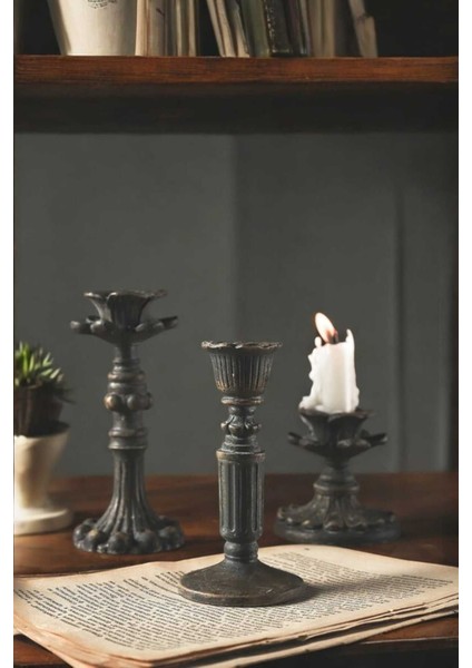 Şamdan Mumluk 3'lü Fransız Romantik Antik El Sanatı Siyah Bronz Dekoratif