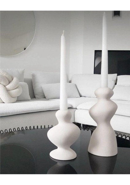 Şık Dalgalı Tasarımlı 2'li Şamdan Seti Beyaz Renk