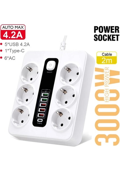 HP-H04 3000W 10AMPER 6’lı 2metre Uzatma Kablolu Çoklu Termal Akım Priz
