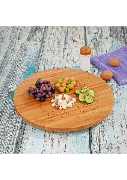 35CM Döner Mekanizmalı Kalın Bambu Yuvarlak Pizza ve Sunum Tepsisi, 360 Derece Dönebilen Kahvaltı Sunum, Pizza Sunum ve Börek Sunum Tepsisi (35CM*35CM*2CM)