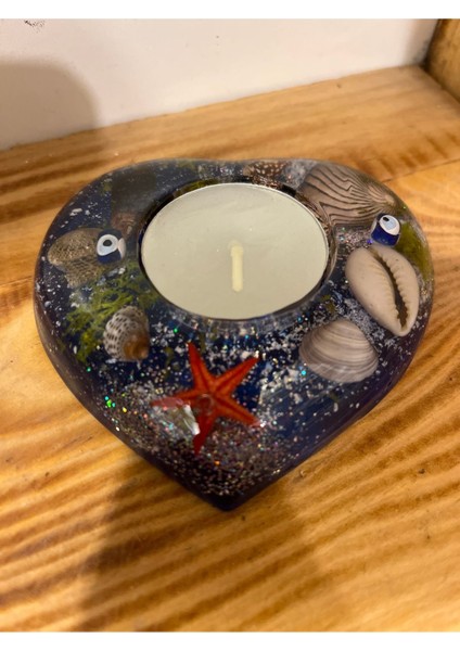 Mavi ve Karışık Renkli El Yapımı Epoksi Mumluk Şık Dekorasyon Ürünü