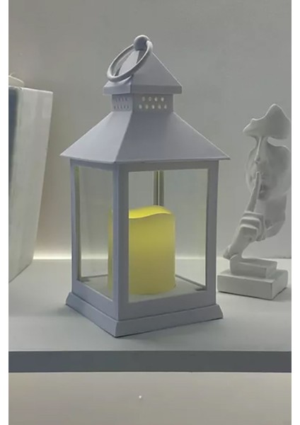 Bahçe Dekoratif Beyaz Fener Seti, Pilli Mum ve Askılı Mumluk