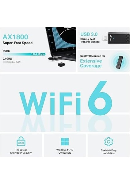 Archer TX20U, AX1800 Mbps, Çift Bant, Mu-Mımo, USB 3.0, Wpa3, Wi-Fi 6 USB Adaptör