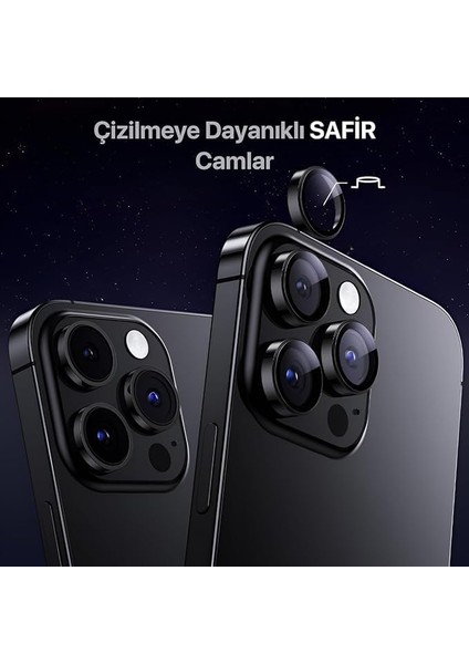 Apple iPhone 15- 15 Plus ile Uyumlu Safir Kamera Lens Koruyucu Kolay Kurulum Kitli Çizilmez Safir Cam ve Titanyum Alaşım Çerçeve (Siyah, Safir Cam)