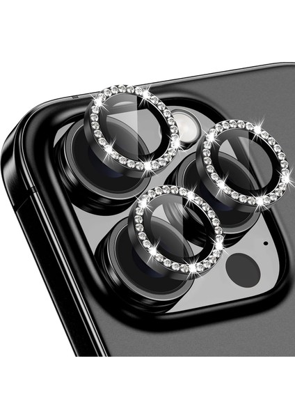 Apple iPhone 16 Pro/ Apple iPhone 16 Pro Max Taşlı Lens Koruyucu ve Görünüm Siyah Black
