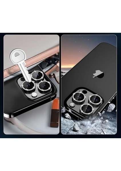 Apple iPhone 16 Pro/ Apple iPhone 16 Pro Max Taşlı Lens Koruyucu ve Görünüm Siyah Black
