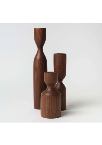 Doğal Ahşap 3'lü Şamdan Seti, 18-14-10 Cm, Rustik ve Modern Tarz