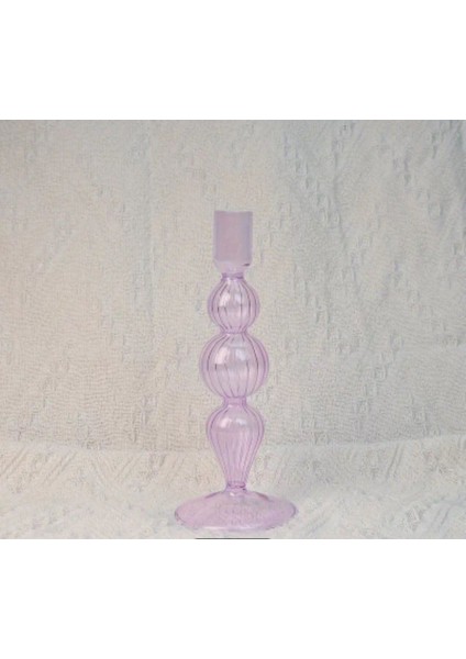 Mor Renkli Çizgili El Yapımı Cam Mumluk, Şık ve Zarif Dekorasyon Parçası