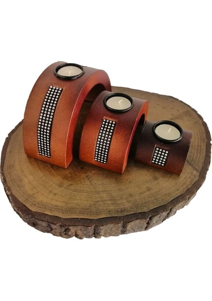 Taş Işlemeli Ahşap 3’lü Mumluk, Dekoratif Şamdan, Şık Hediye, Biblo, Candle