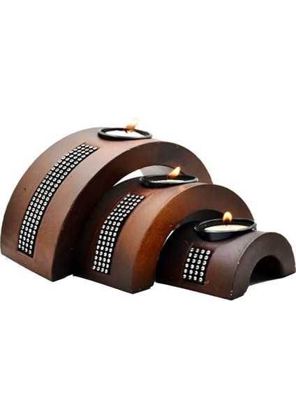 Taş Işlemeli Ahşap 3’lü Mumluk, Dekoratif Şamdan, Şık Hediye, Biblo, Candle indirimleri