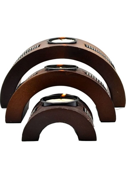 Taş Işlemeli Ahşap 3’lü Mumluk, Dekoratif Şamdan, Şık Hediye, Biblo, Candle