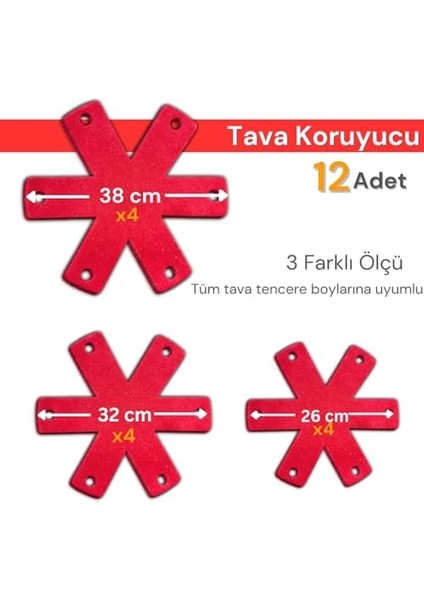 12 Adet Tencere Tava Koruyucu Düzenleyici Çizilme Önleyici Set Kırmızı