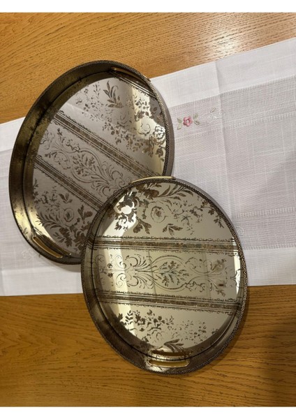 Iki Adet Deri Görünümlü Aynalı Oval Tepsi, Büyük ve Küçük Boy, Eskitme Altın Tonlu