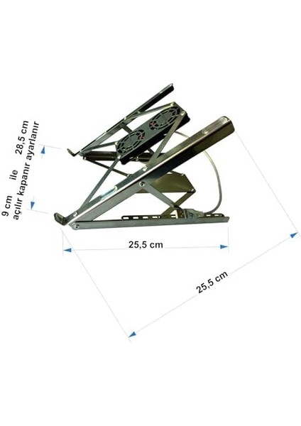 2FS02 Fanlı Laptop Tablet Notebook Standı, Açılır Kapanır, Tüm Laptoplara Kolayca Ayarlanır. Saglam ve Zariftir. 40 kg Baskılanabilir. 3 Yıl Garanti Omur Boyu Kullanılabilir.