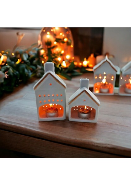 Şık Seramik 2'li Küçük Ev Figürlü Gold Dekoratif Mumluk Seti