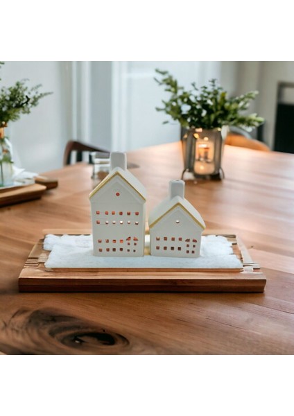 Şık Seramik 2'li Küçük Ev Figürlü Gold Dekoratif Mumluk Seti fiyatları