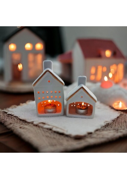 Şık Seramik 2'li Küçük Ev Figürlü Gold Dekoratif Mumluk Seti modelleri