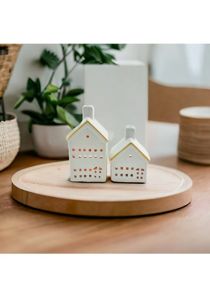 Şık Seramik 2'li Küçük Ev Figürlü Gold Dekoratif Mumluk Seti fırsatları