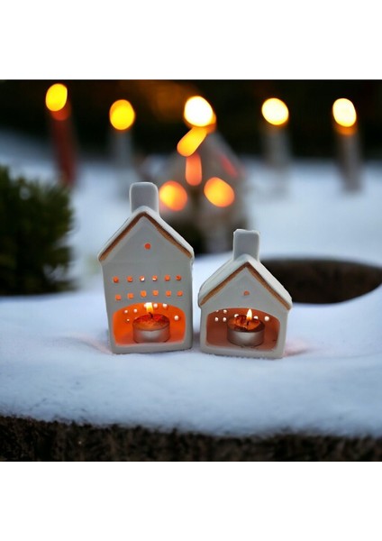 Şık Seramik 2'li Küçük Ev Figürlü Gold Dekoratif Mumluk Seti indirimleri