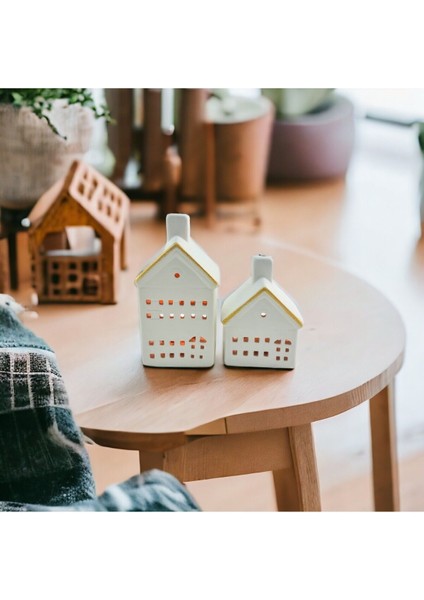 Şık Seramik 2'li Küçük Ev Figürlü Gold Dekoratif Mumluk Seti