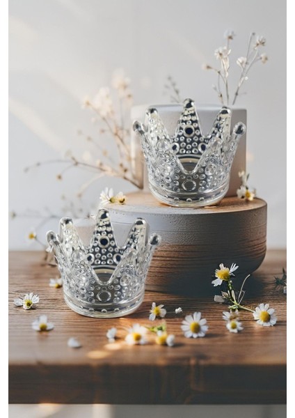 2'li Şeffaf Kristal Taç Mumluk ve Küllük Seti, Şık ve Zarif Tasarım