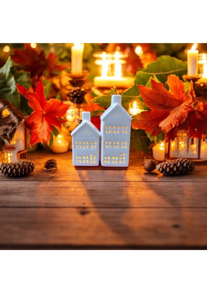2'li Beyaz Ev Figürlü Şık Dekoratif Mumluk Takımı