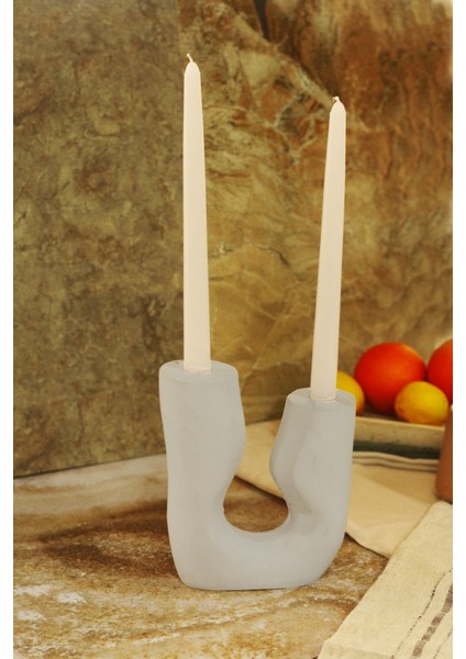 Gri Isveç Tarzı Asimetrik Büyük 2 Kollu Beton Şamdan Çiftli Mum Seti